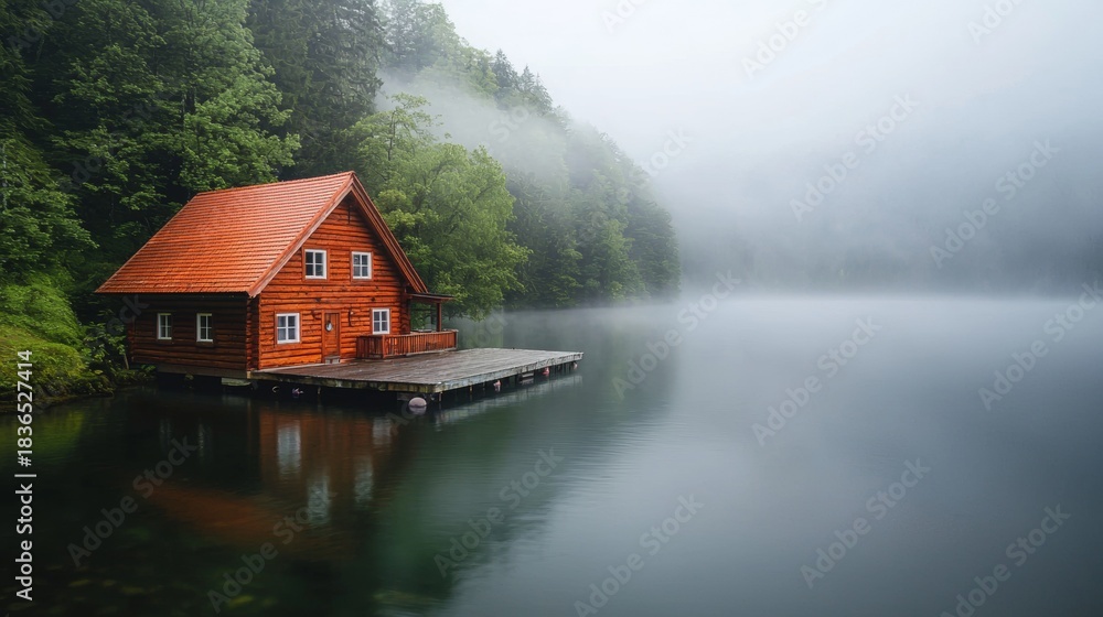 Fototapeta premium Serene wooden cabin by misty lake surrounded by lush trees in early morning light