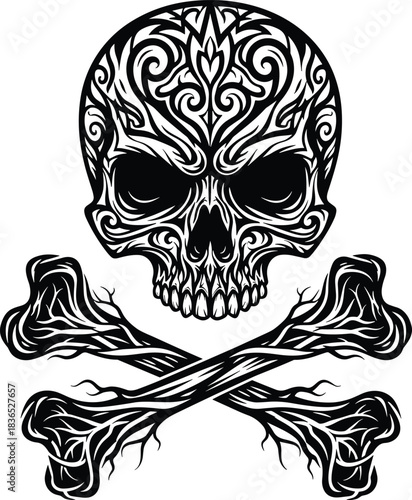 Ornate tribal skull and crossbones vector illustration
