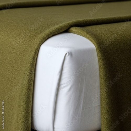 Close-up of a neatly folded olive green blanket over a white pillow.