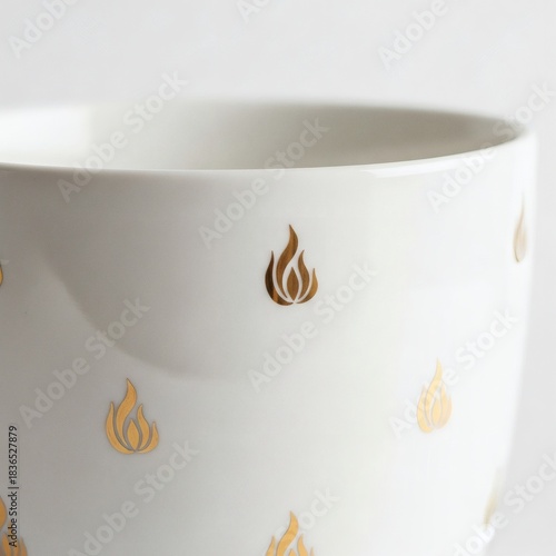 Close-up of a white ceramic mug adorned with small, golden flame-like designs, showcasing intricate details and elegant patterns.