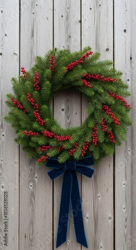 Festive Christmas Wreath with Red Berries and Blue Bow on a Rustic Wooden Door.