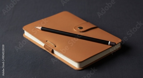 Brown Leather Journal with Pencil on Dark Background.