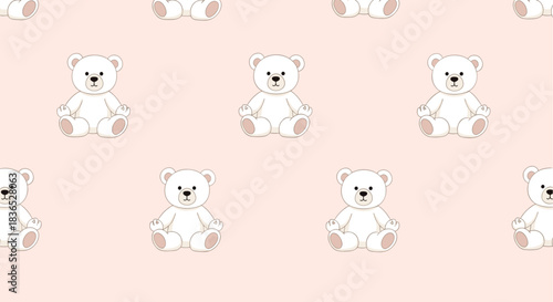 Adorable seamless pattern of cute white teddy bears sitting uniformly against a soft, light pink background for children's decor.