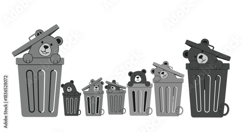 Humorous black and white vector illustration of a row of cartoon teddy bears of various sizes peeking out from inside trash cans.