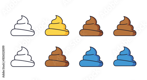 Collection of colorful poop icon illustrations, including outline, flat, and gradient styles in brown, yellow, and blue colors.