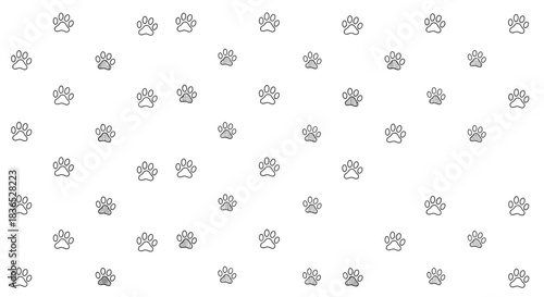 Simple and subtle seamless pattern background made of small, minimalist animal paw print outlines scattered across a white surface.