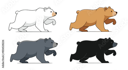 Complete animation walk cycle sprites of four cartoon bears, including a polar bear, brown bear, grey, and black bear.