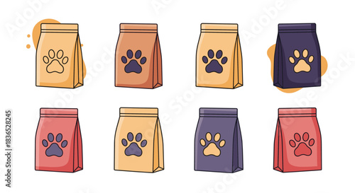 Colorful set of pet food bags, each featuring a paw print logo, illustrated in a cute, hand-drawn doodle style for dogs or cats.