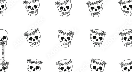 Black and white seamless pattern of hand-drawn human skulls, each adorned with a delicate crown of flowers in a doodle style.