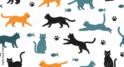 Playful and artistic seamless pattern featuring colorful cats in various poses, along with fish and paw prints on white background.