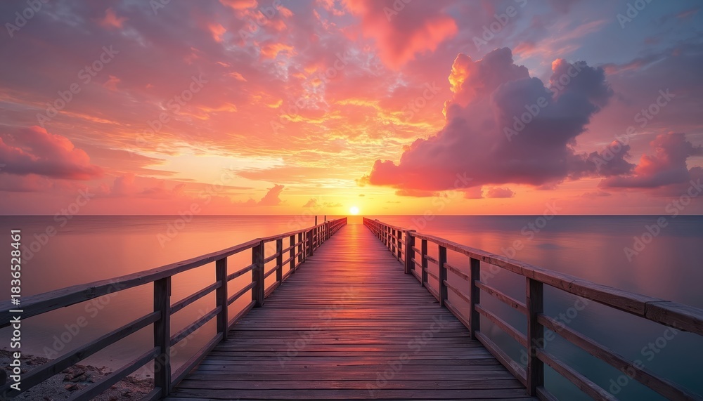 Fototapeta premium Wooden pier path leads to vibrant ocean sunset. Sky shows orange pink purple clouds reflecting on calm sea water. Peaceful tranquil evening seascape.