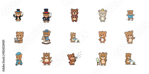 Collection of adorable cartoon bears in various costumes and poses