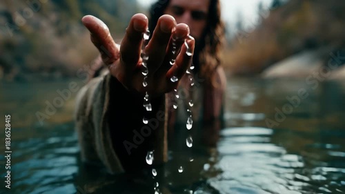 Captivating close up of Jesus Christ reaching out his hand above a serene water surface in a natural setting during a bright day