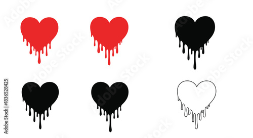 Collection of stylized heart icons with a dripping or melting effect, illustrated in red, black, and white outline styles.