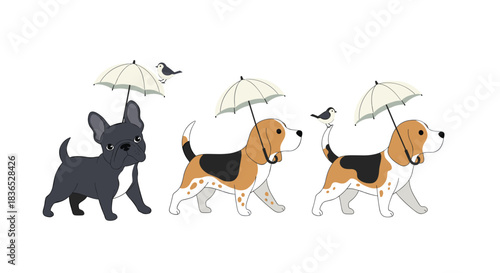 Whimsical illustration of a French bulldog and two beagles walking in a line, each with a little bird holding an umbrella.