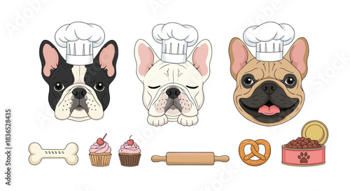 Charming culinary set featuring three cute French bulldog faces wearing chef hats, along with various baking and food items.