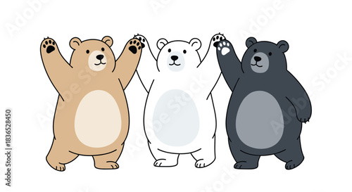 Cheerful illustration of three friendly cartoon bears?a grizzly, a polar bear, and a black bear?standing together and waving happily.