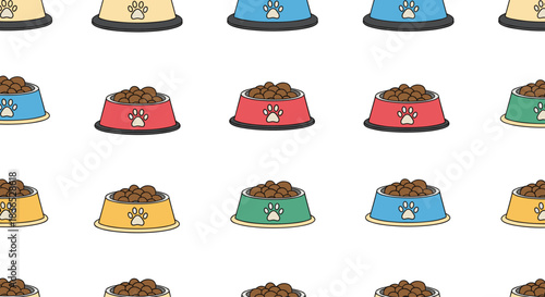 Bright and cheerful seamless pattern of colorful pet food bowls filled with kibble, arranged in neat rows on a white background.