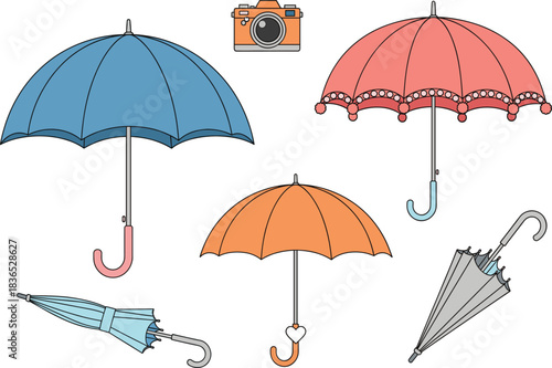 Colorful Umbrella Vector Illustrations and Photo Camera Icon