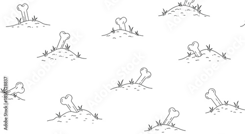 A simple seamless background pattern of hand-drawn cartoon dog bones sticking out of little mounds of grassy dirt on white.