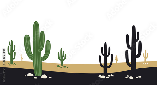 Stylized desert landscape banner featuring saguaro cacti in green and silhouette forms on sandy dunes against a white sky.
