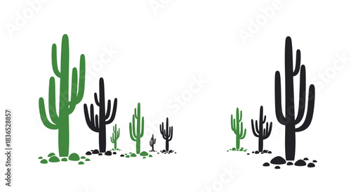 Minimalist graphic illustration of green and black saguaro cacti in a desert setting, isolated on a clean white background.