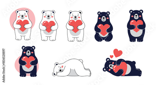 Cute collection of polar bears and black bears holding red hearts, expressing love and affection for Valentine's Day celebrations.