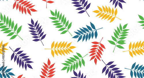 Vibrant seamless pattern of colorful leaves in red, green, blue, purple, and yellow scattered across a clean white background.
