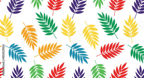 Bright and colorful seamless pattern of stylized leaves in various rainbow colors, creating a cheerful and natural-themed background design.