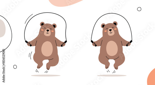 Adorable cartoon brown bear happily jumping rope with abstract shapes in the background, illustrating fitness and fun for children.