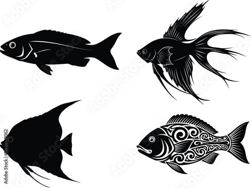 Four silhouette fish illustrations freshwater aquarium fish and decorative fish designs