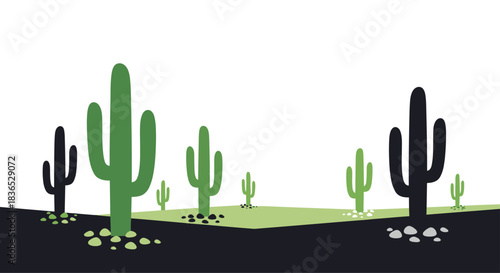 Modern and graphic desert landscape illustration with stylized green saguaro cacti and black silhouettes on divided geometric ground.