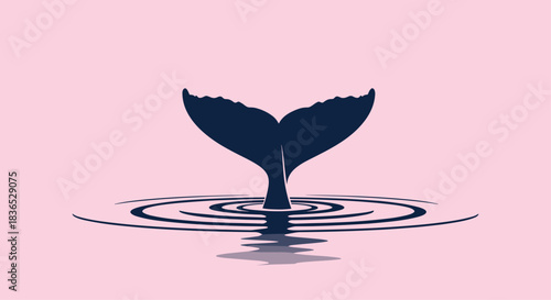 Elegant and minimalist silhouette of a whale tail splashing in water with ripples against a solid soft pink background.