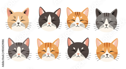 A charming set of eight cartoon cat faces with closed eyes and happy expressions, showcasing a variety of breeds and colors.