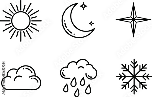 Set of Weather Forecast Line Icons Sun Moon Rain Cloud and Snow