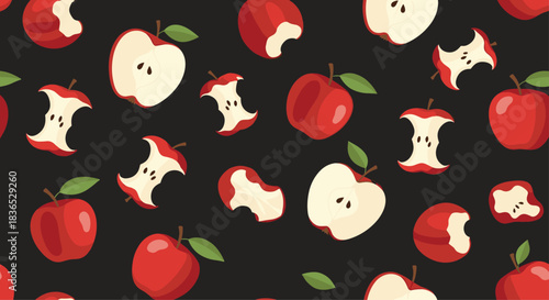 Seamless background pattern of whole red apples, apple halves, and eaten apple cores scattered randomly on a dark backdrop.