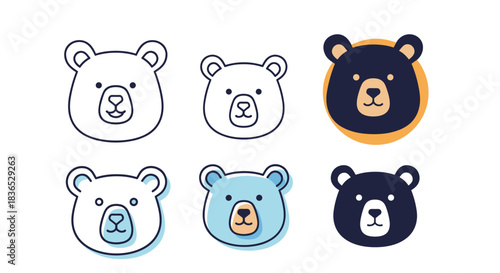 A collection of six adorable bear face icons in various styles, including simple line art, colored illustrations, and modern icons.