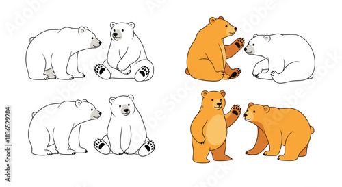 Set of cute polar bear and brown bear character interactions, shown in both full color and clean line art styles.