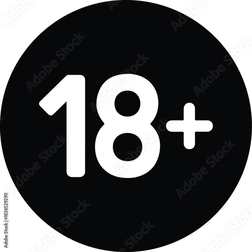 Black circle with white 18 plus symbol 18 plus icon