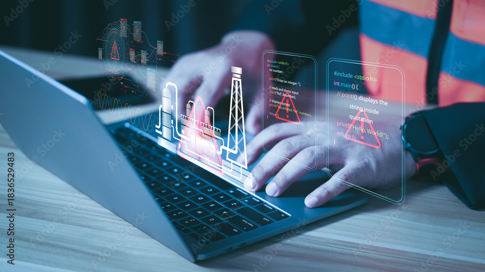 © PRIM - Engineer typing on laptop with system error hologram. Industrial cybersecurity warning and smart factory failure concept with red alert triangle and digital coding interface.