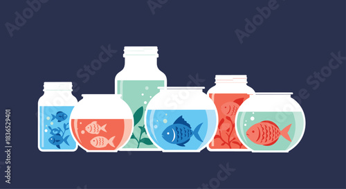 Modern flat illustration of various fishbowls, jars, and vases with small orange and blue fish swimming inside with aquatic plants.