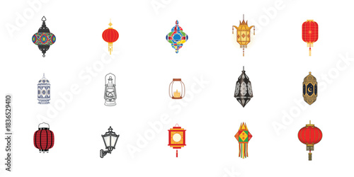 Collection of colorful asian lanterns for festive celebrations and decorations