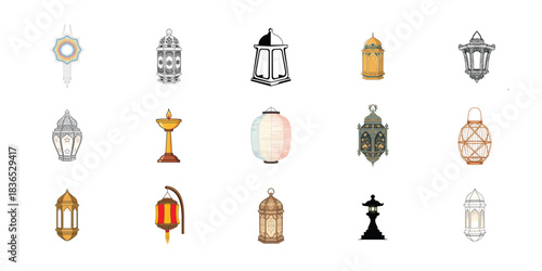 Collection of diverse lanterns and lamps isolated on a white background