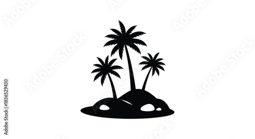 Simple black silhouette icon of a tropical island with three palm trees and rocks, representing a summer vacation or paradise.