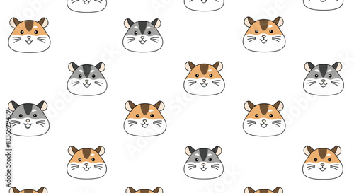 Seamless pattern background with the cute, smiling faces of brown and gray cartoon hamsters on a simple white backdrop.
