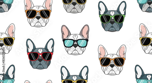 A fun seamless pattern of cool French bulldog faces wearing different colored sunglasses on a simple and clean white background.