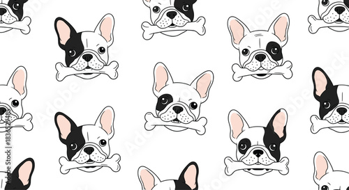 Seamless and cute pattern of French bulldog faces, each holding a dog bone in its mouth, on a simple white background.