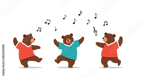 Three cheerful cartoon bears wearing colorful shirts, happily dancing together under a shower of musical notes on a white background.