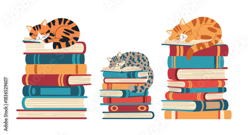 Three adorable cartoon cats of different breeds sleeping peacefully on top of large, colorful stacks of books, isolated on white.