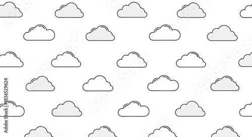 A simple and clean seamless pattern of white and gray clouds with black outlines, creating a minimalist and peaceful sky background.